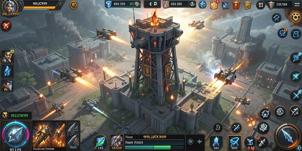 Tangkapan layar gameplay 99LUCK99 menampilkan strategi pertahanan menara yang seru.
