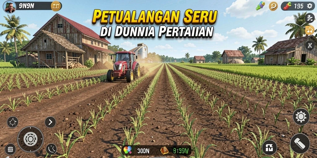 Screenshot 9N9N menampilkan ladang yang subur dan aktivitas bertani.