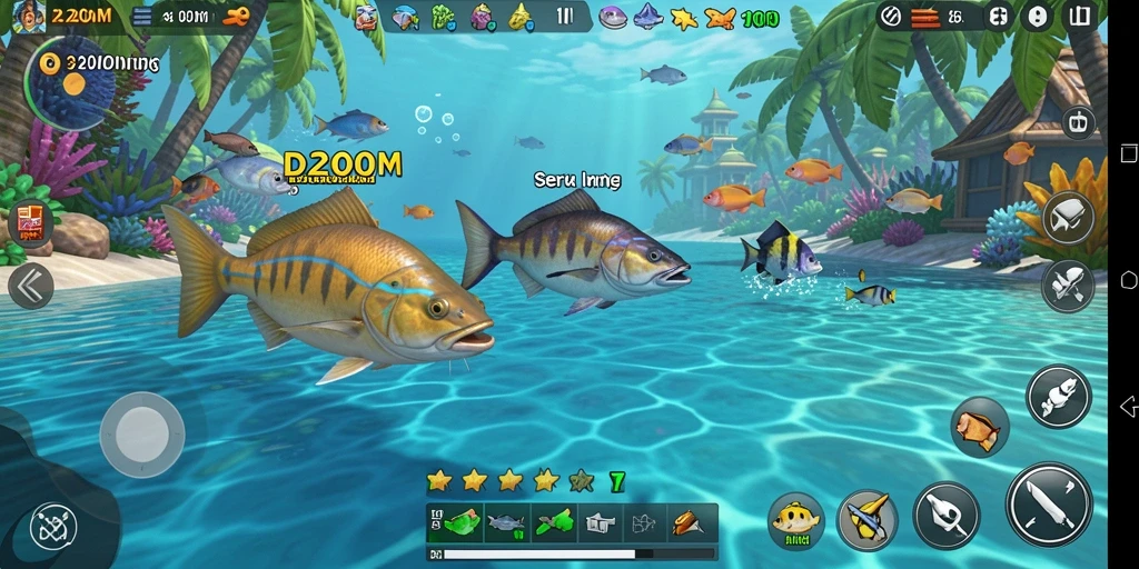 Tampilan gameplay D200M dengan aksi menembak ikan yang mendebarkan.