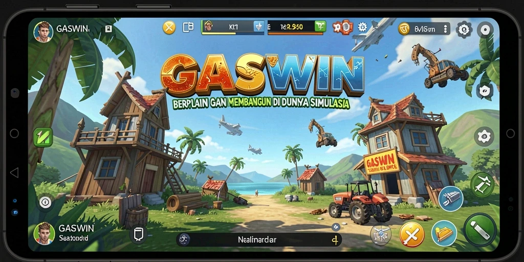 Screenshot gameplay GASWIN menampilkan konstruksi dunia virtual yang menarik.