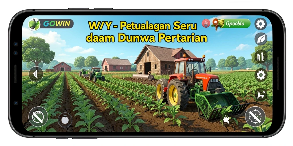 Tangkapan layar gameplay GOWIN dengan suasana pertanian yang menawan.