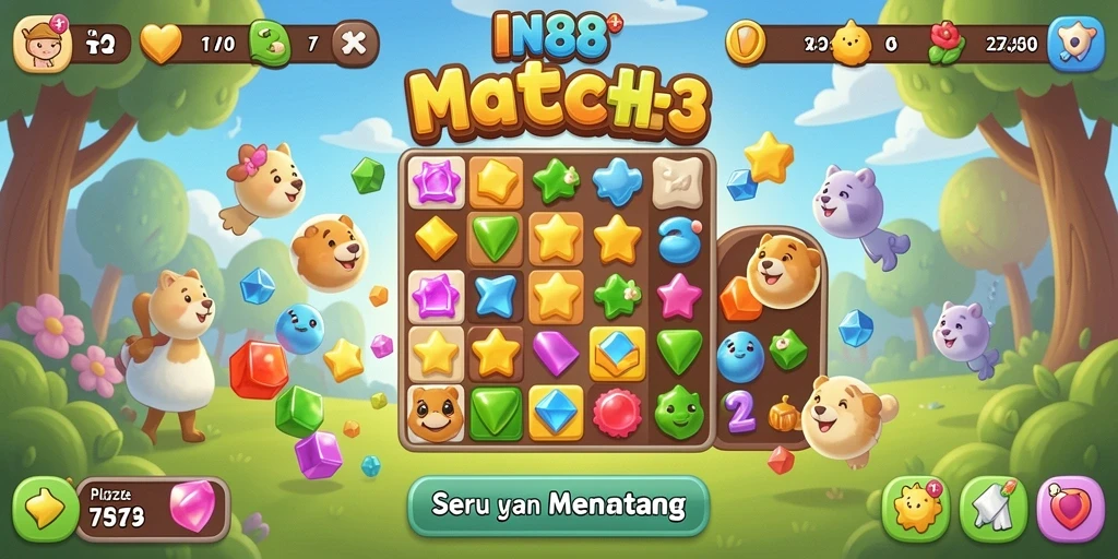 Tampilan gameplay seru di IN88 dengan level Match-3 yang menantang.