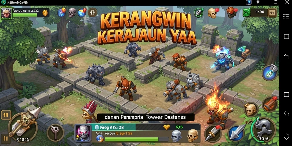 Menggambarkan pertahanan menara melawan gelombang musuh yang mengancam.