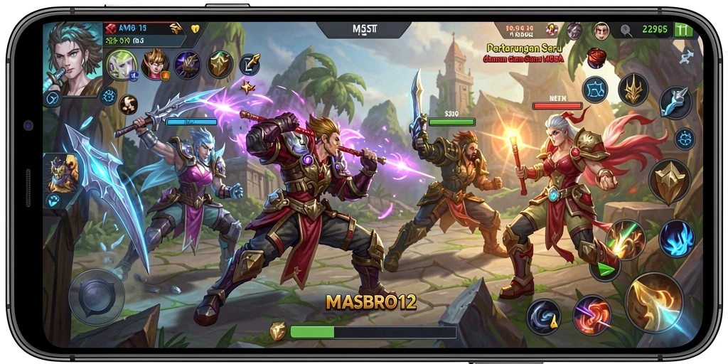 Screenshot pertempuran seru dalam game MOBA MASBRO12.