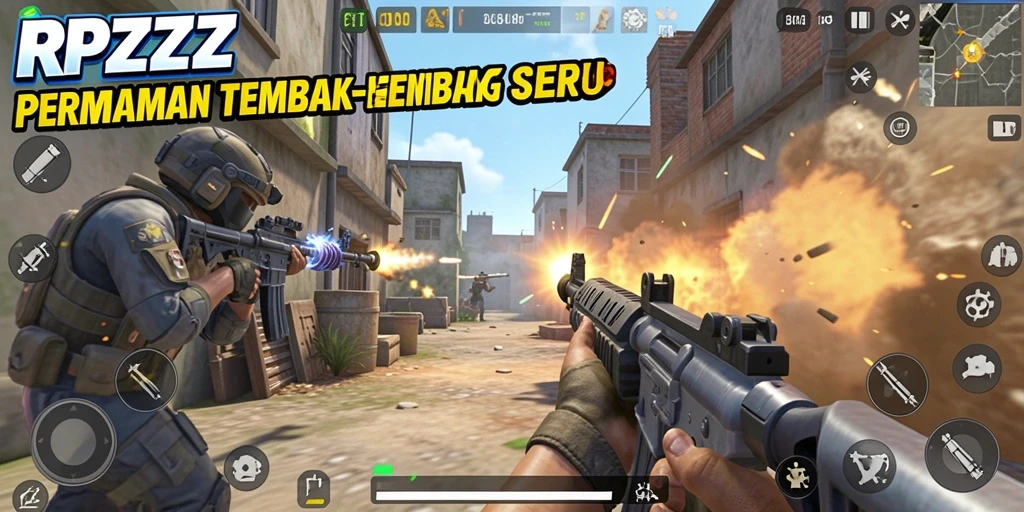 Screenshot menunjukkan aksi menembak intens dalam game TPS.